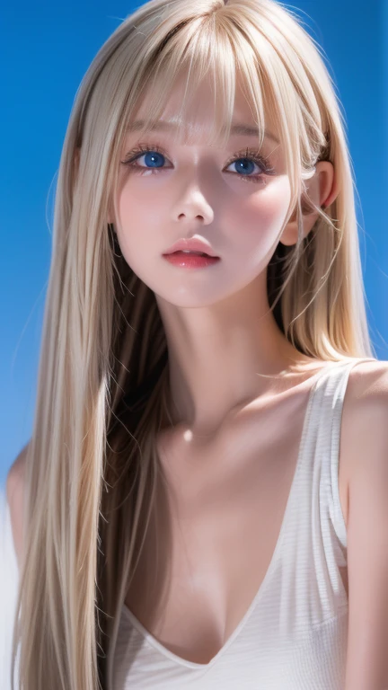 first time々 beautiful blonde girl with an innocent young face 、 portrait、 blue sky、Bright and beautiful face、若くてとても白いShine肌、Ultimate beauty、眩しい光を反射するとても美しいSuper longプラチナブロンドの髪、 beautiful natural platinum blonde 、Super long、Silky straight hair、 bangs that fall over the eyes、Bangs between the eyes、Very beautiful 、big、Shine、Clear、 ridiculously bright blue eyes、Very large eyes、Little Face Girl、Round face、 Cheek Gloss Highlights 