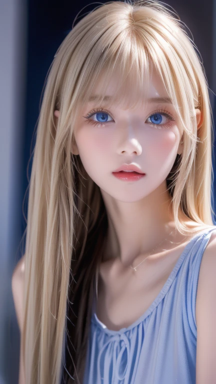 first time々 beautiful blonde girl with an innocent young face 、 portrait、 blue sky、Bright and beautiful face、若くてとても白いShine肌、Ultimate beauty、眩しい光を反射するとても美しいSuper longプラチナブロンドの髪、 beautiful natural platinum blonde 、Super long、Silky straight hair、 bangs that fall over the eyes、Bangs between the eyes、Very beautiful 、big、Shine、Clear、 ridiculously bright blue eyes、Very large eyes、Little Face Girl、Round face、 Cheek Gloss Highlights 