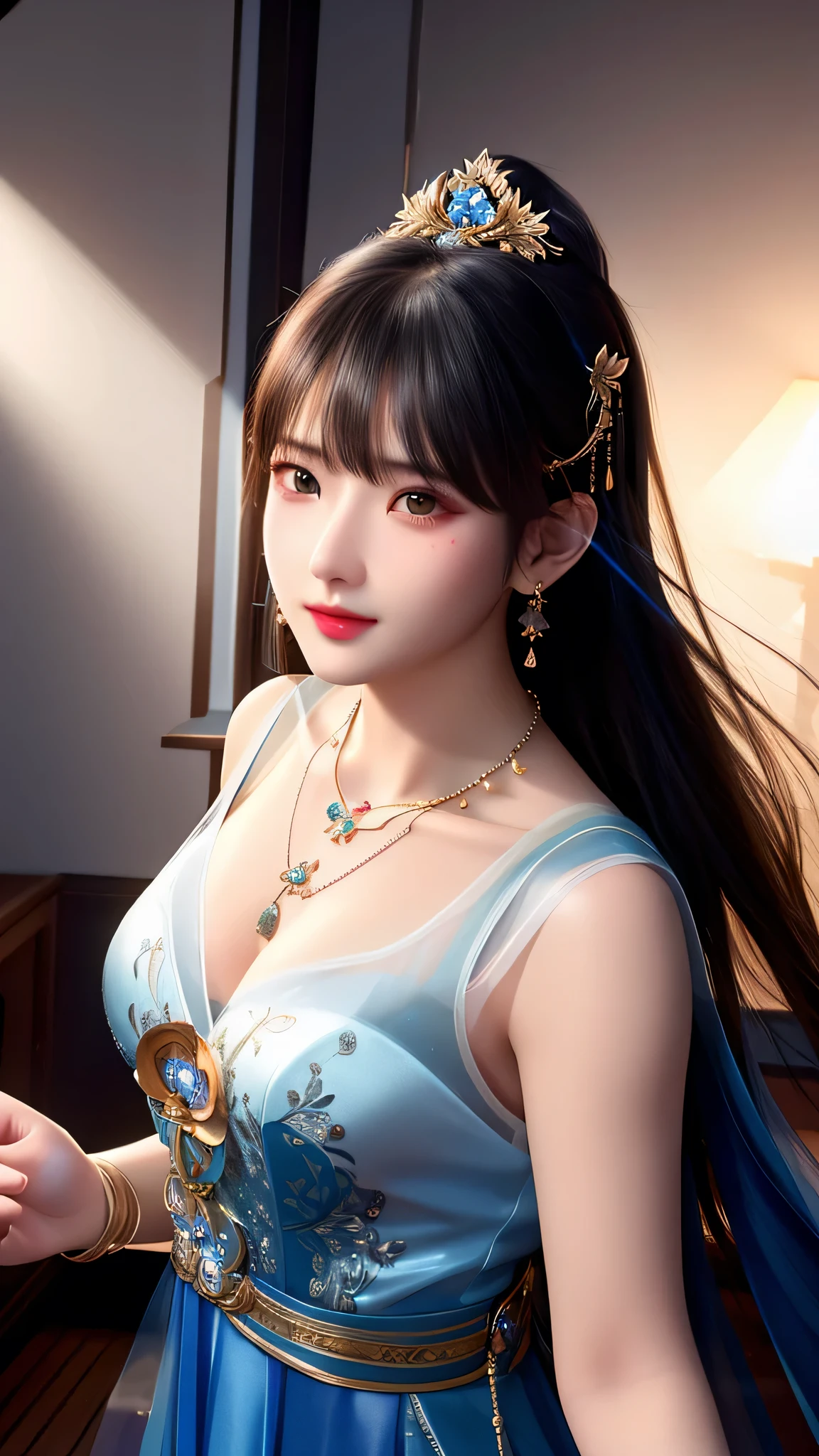 best quality, masterpiece, highres, 1girl, china wedding dress, dark blue dress highlight, hair ornament, necklace, jewelry, Beautiful face,upon body, tyndall effect, photorealistic, dark studio, rim lighting, two tone lighting, (high detailed skin:1.2), 8k uhd, dslr, soft lighting, high quality, volumetric lighting, candid, Photograph, high resolution, attractive pose,