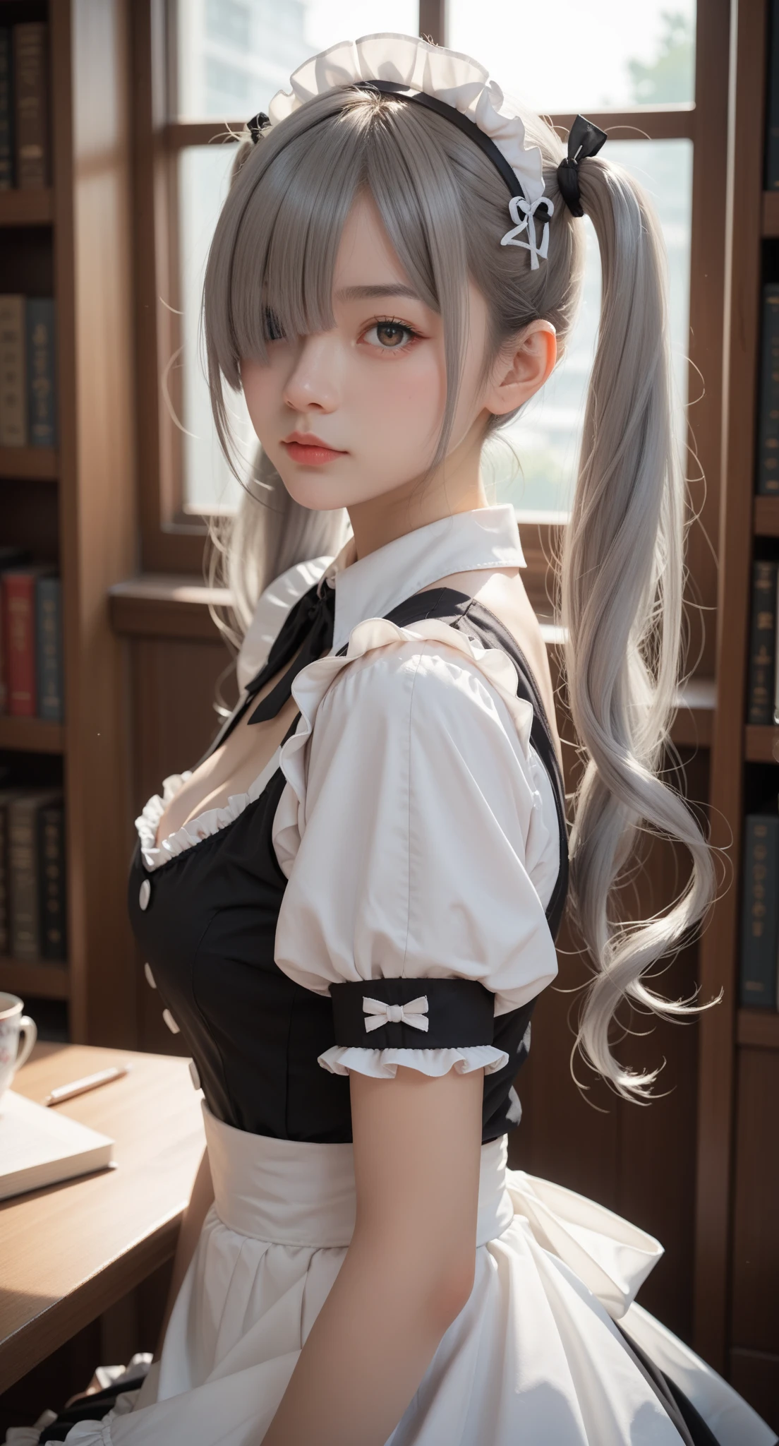 Score_9, Score_8_up, Score_7_up, 1girl, solo, young girl, emotionless, looking at viewer, upper body, (long hair, gray hair, twin ponytails, hair cover one eye, bangs:1.3), big breasts, cleavage, (maid uniform:1.3), sitting, library background, side view
