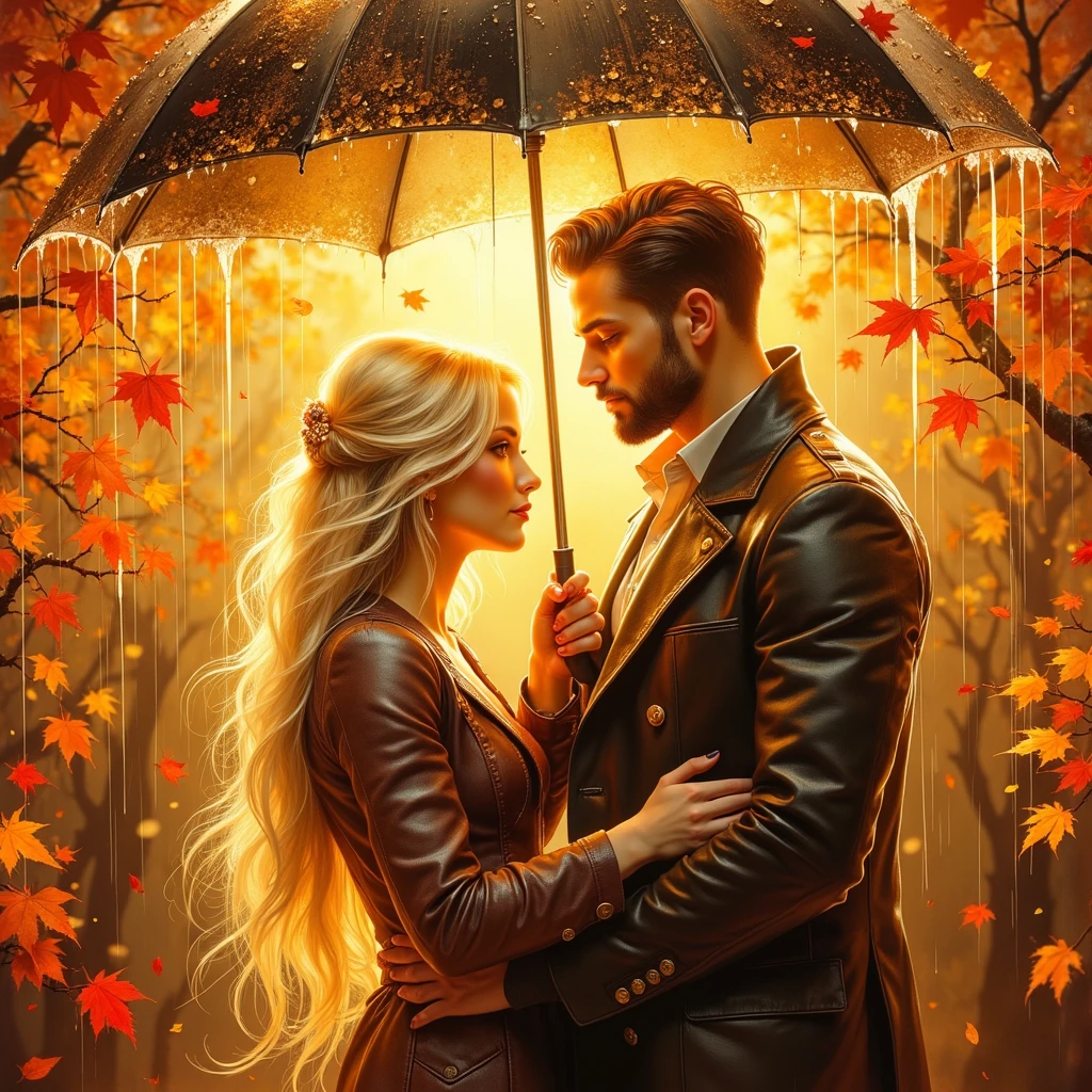 (((Ultraglossing blicks ULTRAVIBRANT COLORS  EXTREMALLY DETAILED ULTRAREALISTIC 3D RENDER 3DVOLUMEEMBOSSING  HYPERULTRATEXTURED FOREGROUND: 1.4)))  EMOTIONAL EXPRESSIVE  It's a beautiful rainy scene of autumn with leaves in vibrant yellow-ORANGE-RED-BURGUNDY-GOLD hues, and golden rain drops sparkling in bokeh light, a beautiful young couple, a long BLONDE 18 YEARS WOMAN (DRESSED IN AUTUMN COAT) and a fresh faced 30YEARS MUSCULAR BRUTAL MAN WITH SHORT BLACK HAIR (DRESSED IN LEATHER COAT), standing under an umbrella, without saying anything but sweet emotion seen in their shy embrace, how precious our first love, illuminating branches in warm sunlight, creating a peaceful and golden mood. Paint a dreamy hazy breezy wet on wet watercolour artwork, using minimal paints and maximum loose water effects, autumnal colour palette, melancholy composition, minimalist, impressionist, with no text. MODERN CASUAL AUTUMN CLOTH. FACE TO FACE. EYES TO EYES. PERFECT ANATOMY, PERFECT HANS, PERFECT FINGERS.
bokeh ethereal beautiful fantastic view Golden ratio dreamy nostalgic Atmospheric melancholy natural light Tran Nguyen rules of third Visual Poetry fog and smoke unfiltered creativity minimal paint and water effects beautiful Autumnal palette Dreamy Hazy Breezy  (((2D WATERCOLOR EXTREMALLY FOGGY FOGGY MOODY LIGHTPASTEL BACKGROUND: 1.2))) (((GOLD GLOSSING DETAILES JEWELLERY,SPARKLING TRANSPARENT STONES)))
