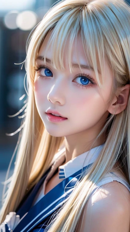 first time々 beautiful blonde girl with an innocent young face 、 portrait、 blue sky、Bright and beautiful face、若くてとても白いShine肌、Ultimate beauty、眩しい光を反射するとても美しいSuper longプラチナブロンドの髪、 beautiful natural platinum blonde 、Super long、Silky straight hair、 bangs that fall over the eyes、Bangs between the eyes、Very beautiful 、big、Shine、Clear、 ridiculously bright blue eyes、Very large eyes、 Girl、Round face、 Cheek Gloss Highlights 