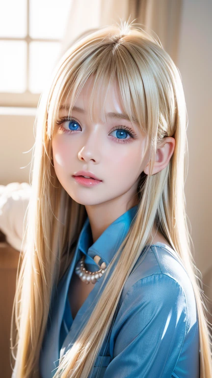 first time々 beautiful blonde girl with an innocent young face 、 portrait、 blue sky、Bright and beautiful face、若くてとても白いShine肌、Ultimate beauty、眩しい光を反射するとても美しいSuper longプラチナブロンドの髪、 beautiful natural platinum blonde 、Super long、Silky straight hair、 bangs that fall over the eyes、Bangs between the eyes、Very beautiful 、big、Shine、Clear、 ridiculously bright blue eyes、Very large eyes、Little Face Girl、Round face、 Cheek Gloss Highlights 