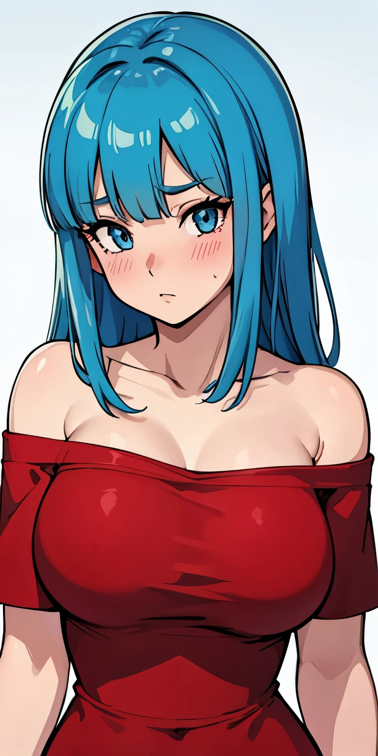 1 Female,High definition,high resolution,Ultra-realistic,8K, 1girl,maron,(red short dress), bare shoulder,(blue eyes,aqua hair,blunt bangs),off shoulder, large breasts,European,sexy,Upper body close-up,Photographed from the front,Dynamic Angles,(blush), (medium tits) 