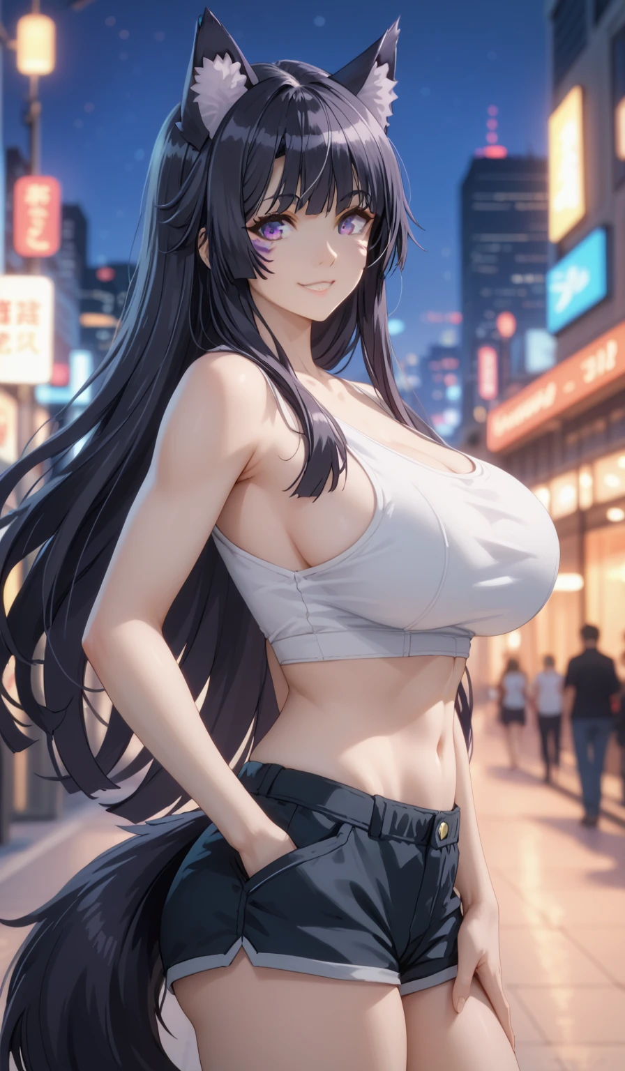 Anime source, Tall girl, Fit girl,score_9, score_8_up, score_7_up, score_6_up, uncensored, delta, long hair, black hair, animal ears, purple eyes, cat ears, animal ear fluff, facial mark,huge breast, tail, crop top, white tank top, navel,, dolphin shorts, sideboob, smile, standing, hand on pocket, night, blurry backgrounds, city, cyberpunk, 