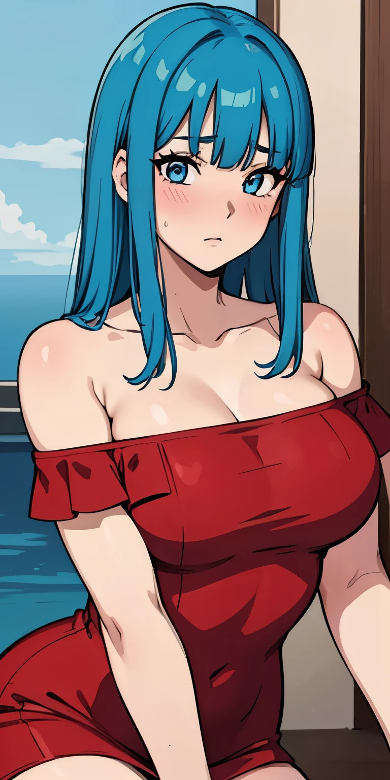 1 Female,High definition,high resolution,Ultra-realistic,8K, 1girl,maron,(red short dress), bare shoulder,(blue eyes,aqua hair,blunt bangs),off shoulder, large breasts,European,sexy,Upper body close-up,Photographed from the front,Dynamic Angles,(blush), (medium tits) 