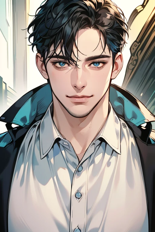 a handsome 35 year old man, 3 day beard, dark hair, sharp jawline, (mesmerizing blue eyes), perfectly styled hair, wearing cool anime outfitt, dynamic lighting, (CEO), (expression, smile in love), (best quality,4k,8k,highres,masterpiece:1.2),ultra-detailed,(realistic,photorealistic,photo-realistic:1.37)