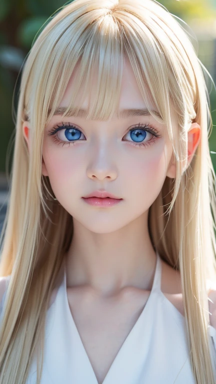 first time々 beautiful blonde girl with an innocent young face 、 portrait、 blue sky、Bright and beautiful face、若くてとても白いShine肌、Ultimate beauty、眩しい光を反射するとても美しいSuper longプラチナブロンドの髪、 beautiful natural platinum blonde 、Super long、Silky straight hair、 bangs that fall over the eyes、Bangs between the eyes、Very beautiful 、big、Shine、Clear、 ridiculously bright blue eyes、Very large eyes、 Girl、Round face、 Cheek Gloss Highlights 