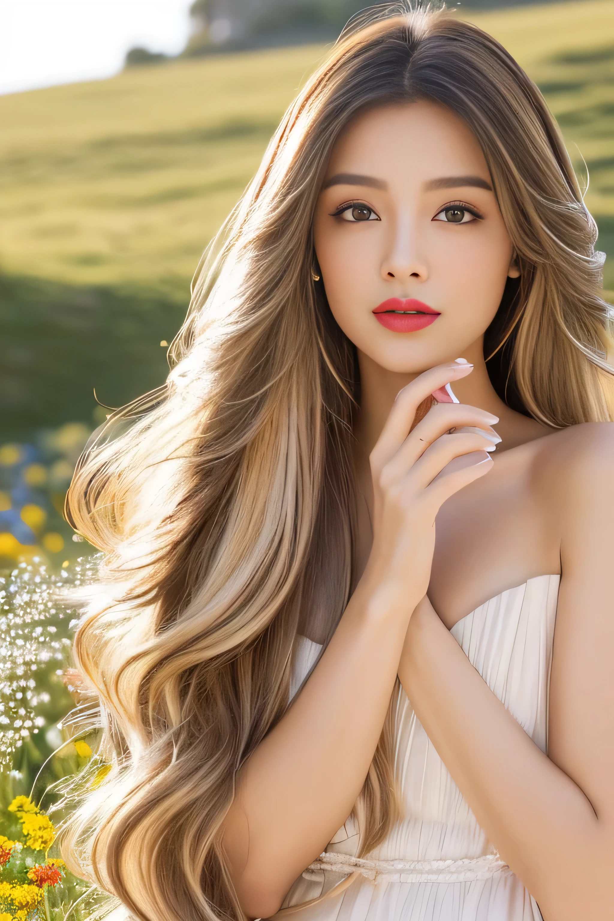 best quality,masterpiece, asia women,1girl,long wavy hair,blond hair, (photorealistic:1.4),full body, looking at viewer, cheek color,Different posture,<lora:test:1>