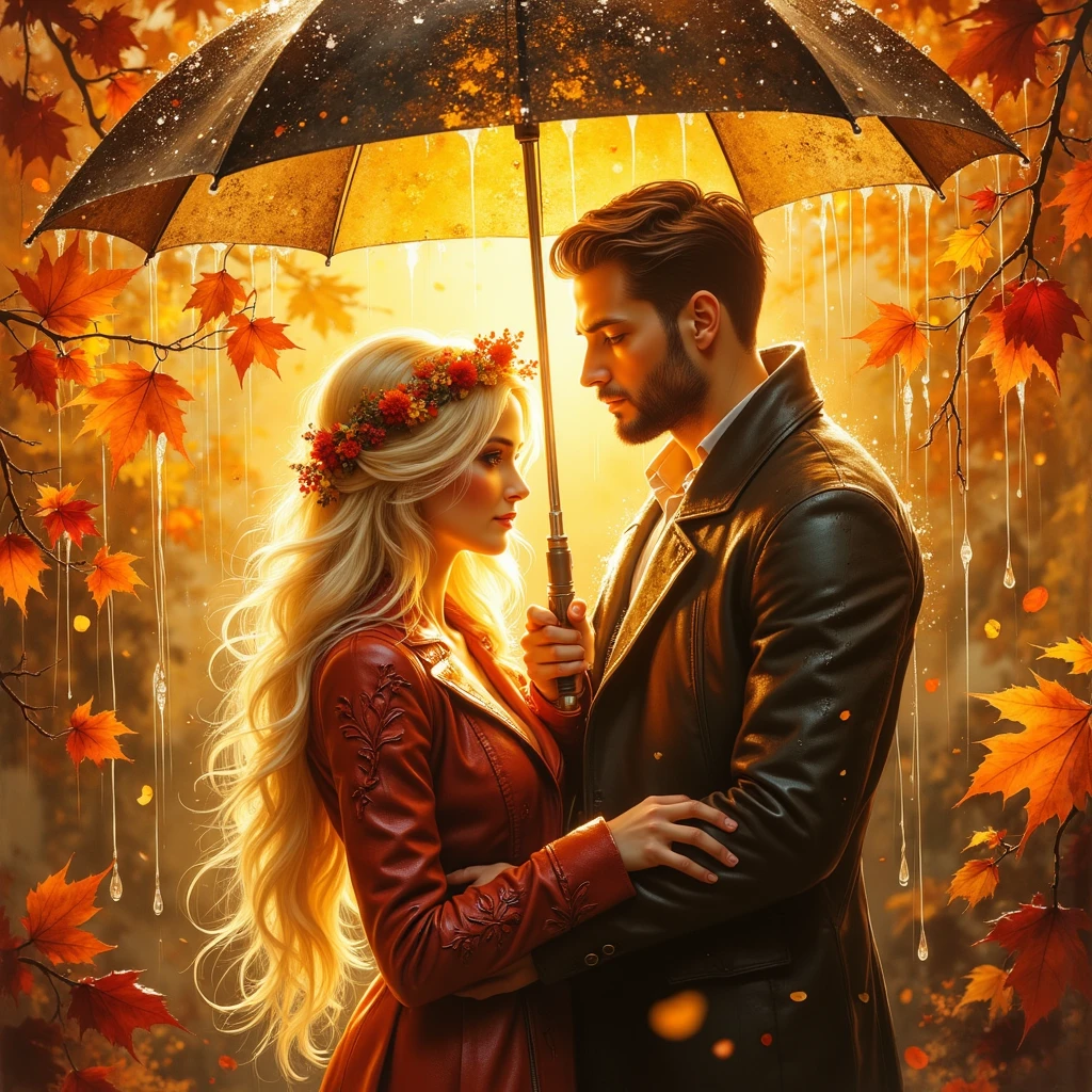 (((Ultraglossing blicks ULTRAVIBRANT COLORS  EXTREMALLY DETAILED ULTRAREALISTIC 3D RENDER 3DVOLUMEEMBOSSING IMPASTO HYPERULTRATEXTURED FOREGROUND: 1.4))) EMOTIONAL EXPRESSIVE  It's a beautiful rainy scene of autumn with leaves in vibrant yellow-ORANGE-RED-BURGUNDY-GOLD hues, and golden rain drops sparkling in bokeh light, a beautiful young couple, a long BLONDE 18 YEARS WOMAN (DRESSED IN AUTUMN COAT) and a fresh faced 30YEARS MUSCULAR BRUTAL MAN WITH SHORT BLACK HAIR (DRESSED IN LEATHER COAT), standing under an umbrella, without saying anything but sweet emotion seen in their shy embrace, how precious our first love, illuminating branches in warm sunlight, creating a peaceful and golden mood. Paint a dreamy hazy breezy wet on wet watercolour artwork, using minimal paints and maximum loose water effects, autumnal colour palette, melancholy composition, minimalist, impressionist, with no text. MODERN CASUAL AUTUMN CLOTH. FACE TO FACE. EYES TO EYES. PERFECT ANATOMY, PERFECT HANS, PERFECT FINGERS.
bokeh ethereal beautiful fantastic view Golden ratio dreamy nostalgic Atmospheric melancholy natural light Tran Nguyen rules of third Visual Poetry fog and smoke unfiltered creativity minimal paint and water effects beautiful Autumnal palette Dreamy Hazy Breezy  (((2D WATERCOLOR EXTREMALLY FOGGY FOGGY MOODY LIGHTPASTEL BACKGROUND: 1.2))) (((GOLD GLOSSING DETAILES JEWELLERY,SPARKLING TRANSPARENT STONES)))
