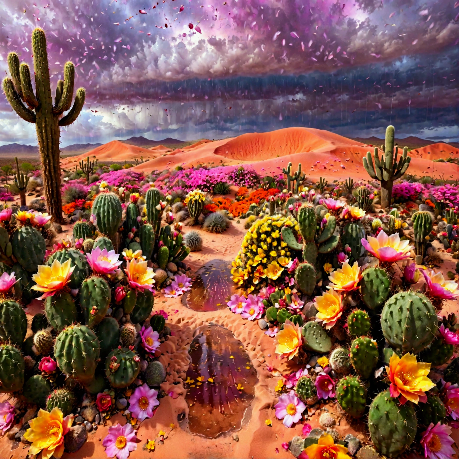 Petals rain, water color style, a fantastical scene of a vibrant cactus paradise in the middle of a vast desert, where a rain of cactus petals gently falls from the sky. The cacti are lush and thriving, adorned with vividly blooming flowers in shades of pink, yellow, red, and orange. The petals cascade like a magical rain, filling the air with color and movement, creating an enchanting spectacle. The desert background is serene, with soft sandy tones and distant dunes, emphasizing the vividness of the cactus garden. The overall atmosphere is otherworldly and dreamlike, focusing on the dynamic beauty of the falling petals and the vibrant flora, (cactus paradise, blooming cacti, rain of petals, desert landscape, vibrant flowers, pink, yellow, red, orange, magical rain, soft sandy tones, distant dunes, enchanting, otherworldly, dreamlike, colorful, dynamic beauty), flora petals effects