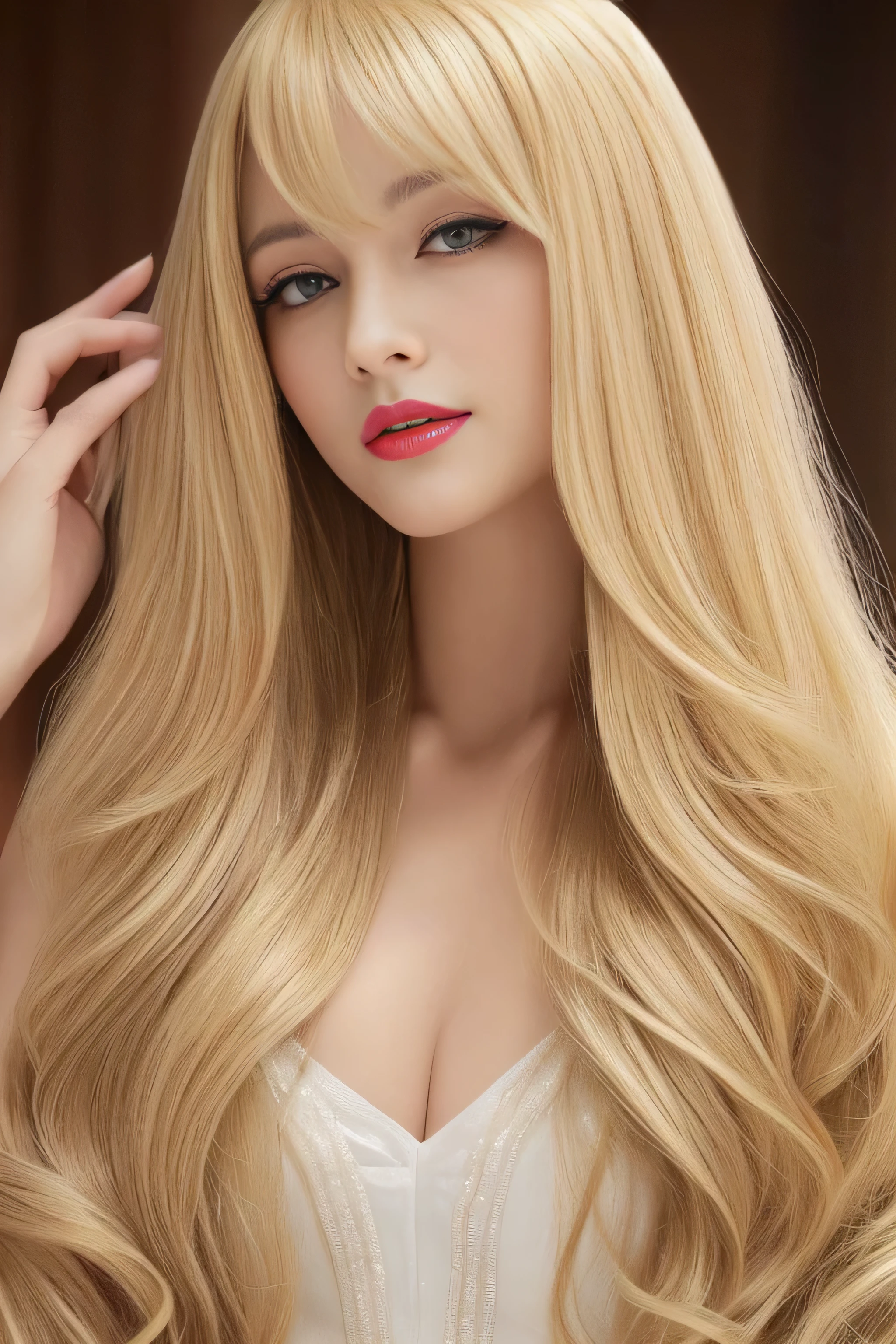 ((Waist up shot)) (She is wearing a gorgeous white Victorian dress..) (This is a European meadow in the 16th century.:1.5) (Powerful expression) ((Highest quality)), ((masterpiece)), (Get used to it), Perfect Face (1 Girl) (French) (She is 24 years old、The most beautiful French fantasy girls ) ((Her hair is blonde:1.5)) ((Her hair is wavy!!!)) ((Beautiful fantasy hero with long light blonde hair Very long hair down to the ankles!!!!! Highest quality The finest details long hair to the ankles!!!!!、Very long hair!!!!! It lasts forever:1.3 Flowing Hair!!!!! Very shiny そして thick hair abnormally long hair that lasts forever !!!!! Flowing Hair on both ends!!!!! long hair to the ankles!!!!! long hair to the ankles!!!!! Thick and shiny hair Very free hair Abnormally long hair!!!!! Beautiful silky hair Beautiful and shiny hair Beautiful and shiny hair Beautiful silky hair long hair to the ankles!!!!! Very very, Very long hair!!!!! Very very, Very long hair!!!!!)) (Highest quality The best ultra-fine Reaches up to the knee、Very long hair It lasts forever Flowing Hair Very shiny そして thick hair abnormally long hair that lasts forever !!!!! Flowing Hair on both ends!!!!! long hair to the ankles!!!!! long hair to the ankles!!!!! Thick and shiny hair Very free hair Abnormally long hair!!!!! Beautiful silky hair Super long hair down to the ankles!!!!! Beautiful silky hair Ankle-length hair Very veryVery long hair!!!!! Very veryVery long hair!!!!!)) (Her bangs are completely cut and parted in the center) (She's sexy, Professional Makeup Lipstick is bright red!!! The eyeliner is a beautiful black) Anatomically correct、Beautiful white human skin and、Detailed illustration of hands and fingers Beautiful Eyes Mouth Details the corners of the mouth rise slightly (Thin lips) good, Anatomically correct hand Anatomically correct five fingers Beautiful French girl face, French facial features Cool look (The eyebrows are dark brown in color) (She has the typical French complexion and build.)