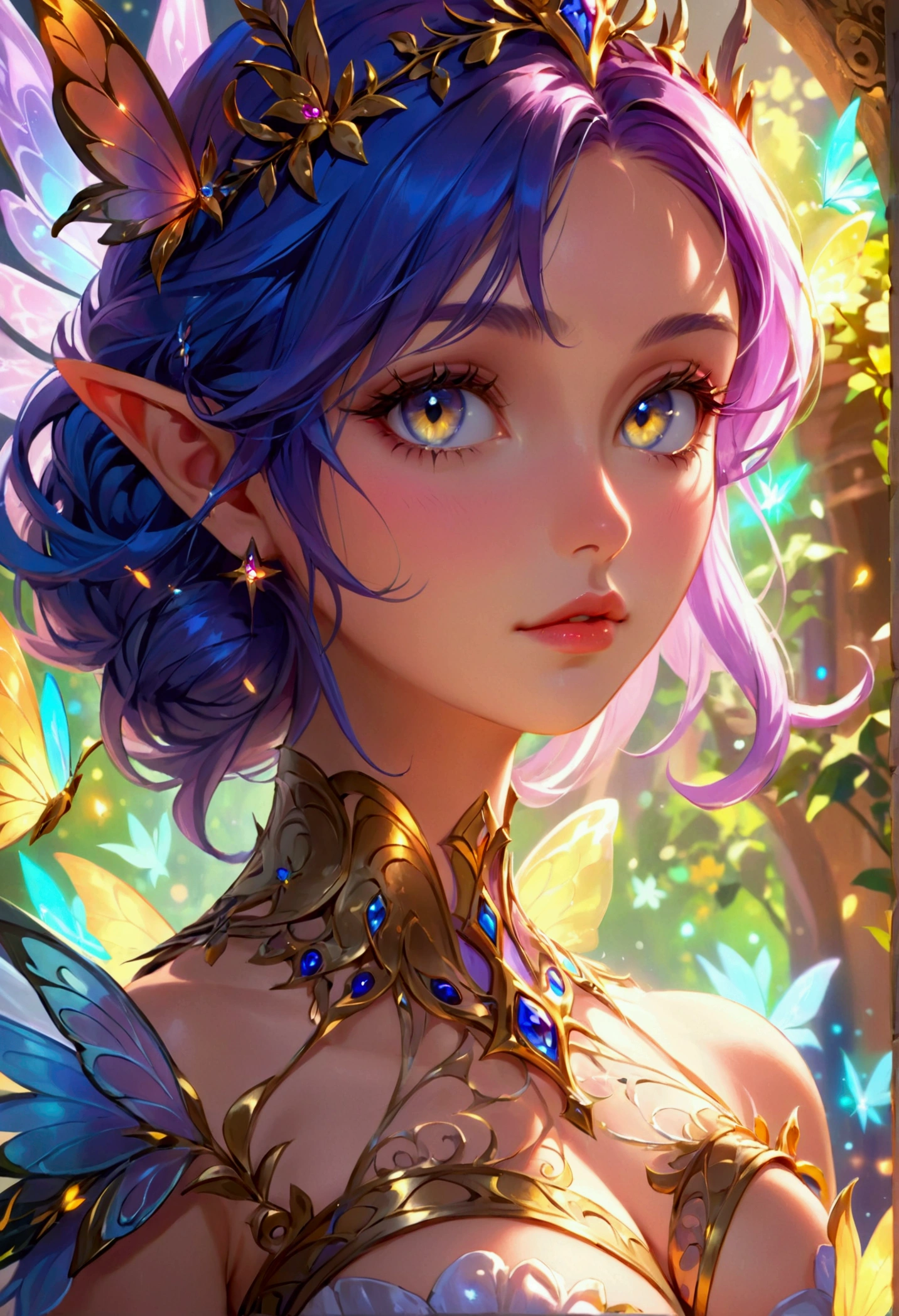 A portrait of the most beautiful and sexy elf goddess, blue hair, yellow eyes, wearing the most beautiful and highly detailed battle armor, with fairy wings, huge gigantic tits, cleavage showing, tons of tattoos and piercings, in an enchanted kingdom, flower pedals and butterflies blowing in the wind highly detailed background, perfect masterpiece, high quality, high resolution