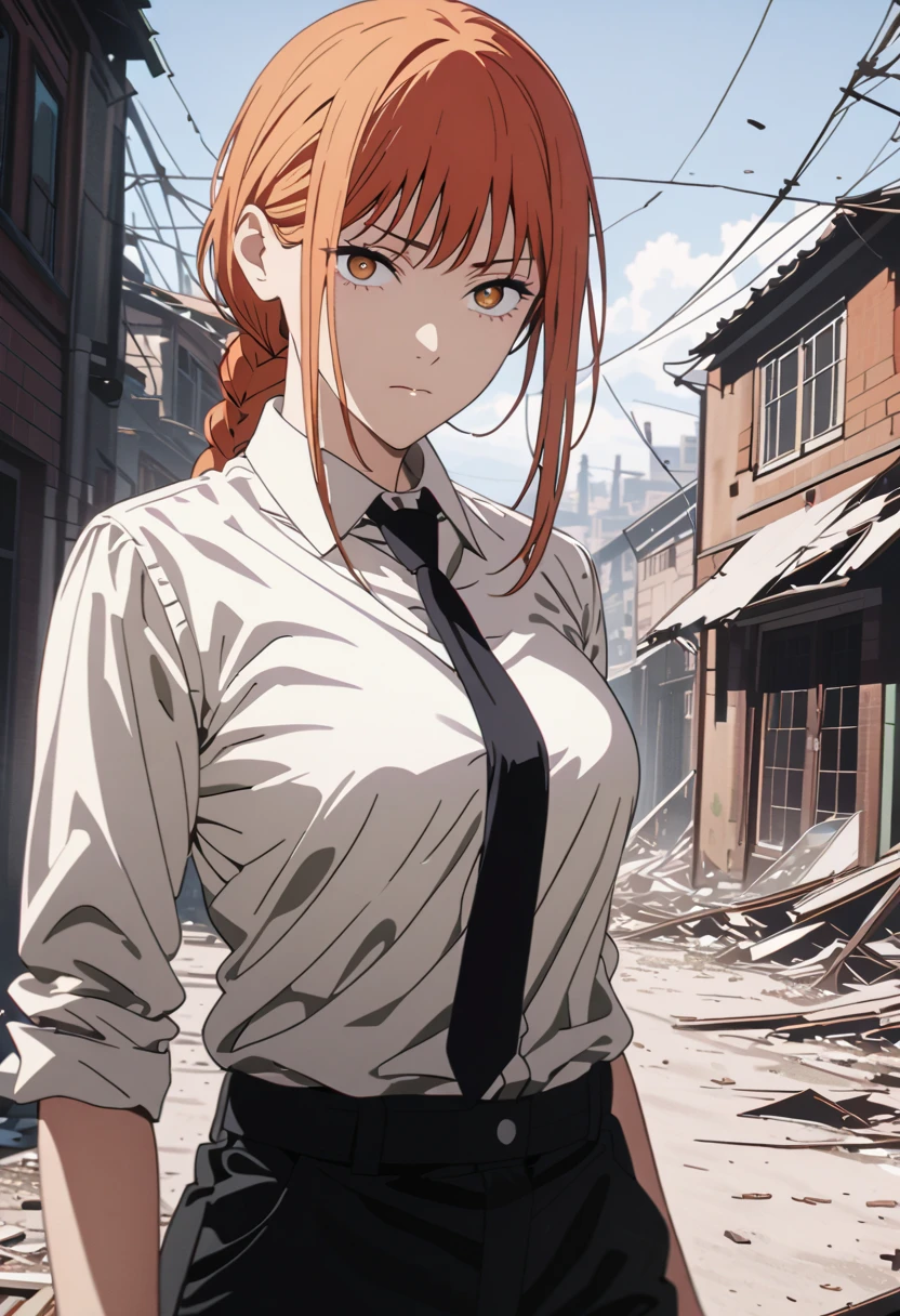 extremely detailed CG, high resolution, best quality, masterpiece. A representation of Makima from chainsaw man. She has red hair, braided hair and fringe. She has golden eyes. She has medium breasts. She is wearing a white long sleeve shirt, a black tie, and black pants. She is watching at the viewer with a serious expression. She is posing next to a broken window. 