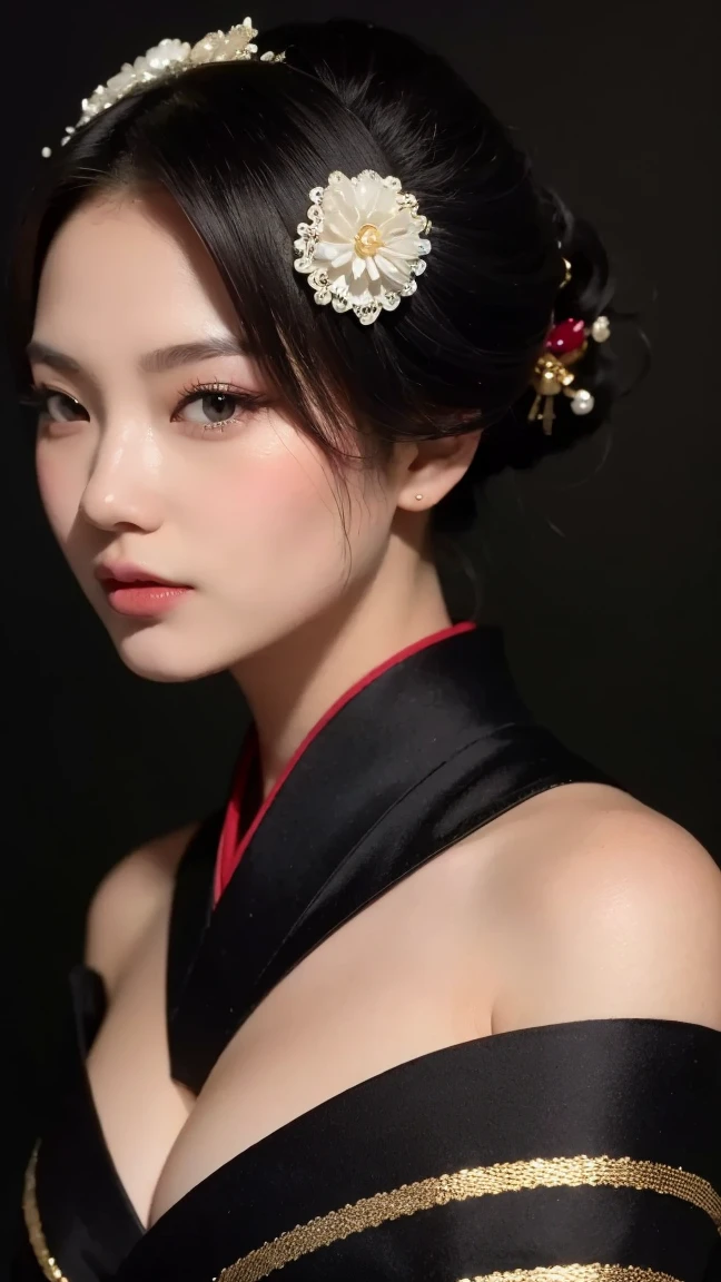 ((Best quality, 8k, Masterpiece :1.3)), Image of a geisha. Like the hair of a Japanese geisha, Long black hair:1.3. Beautiful geisha in kimono, (black kimono). Big breasts:1.3. close up cleavage. ((Bare shoulders _depth of field)), atmospheric perspective, Volumetric lighting, Clear focus, absurd resolution, Realistic proportions, Good anatomy, (realistic,Hyper-realistic:1.37), 16K HD, INFO. ((dark background)), black background.
