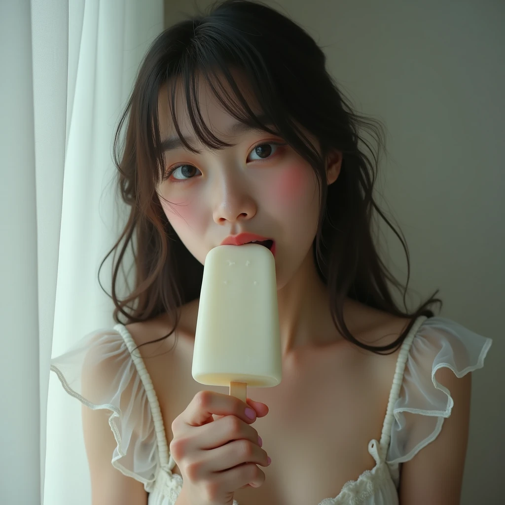 Japanese cute girl licking soft serve ice cream, ponytail hair, thick lips, Double teeth are visible, , She smiles mysteriously as if enjoying the embarrassment, very young girl, (((huge breasts))), (((realistic))), (((High resolution))), (((anatomically correct)))