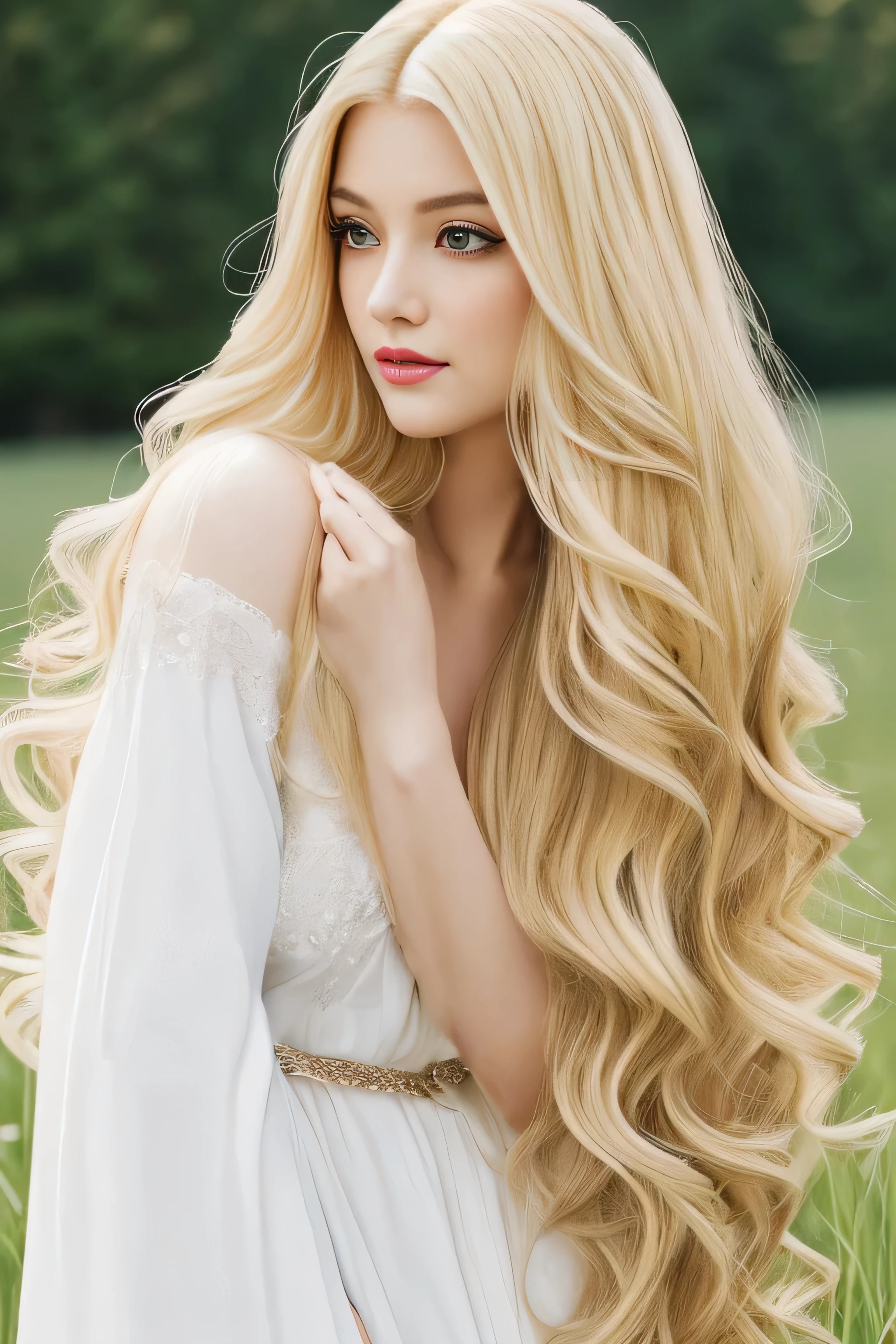 ((Waist up shot))　(She is wearing a gorgeous white Victorian dress..)　(This is a European meadow in the 16th century.:1.5)　(Powerful expression)　((Highest quality)), ((masterpiece)), (Get used to it), Perfect Face　(1 Girl)　(French)　(She is 24 years old、The most beautiful French fantasy girls　)　((Her hair is blonde:1.5))　((Her hair is wavy!!!))　((Beautiful fantasy hero with long light blonde hair　Very long hair down to the ankles!!!!!　Highest quality　The finest details　long hair to the ankles!!!!!、Very long hair!!!!! It lasts forever:1.3　Flowing Hair!!!!!　Very shiny そして thick hair　 abnormally long hair that lasts forever !!!!!　Flowing Hair on both ends!!!!!　long hair to the ankles!!!!!　long hair to the ankles!!!!!　Thick and shiny hair　Very free hair　Abnormally long hair!!!!!　Beautiful silky hair　Beautiful and shiny hair　Beautiful and shiny hair　Beautiful silky hair　long hair to the ankles!!!!!　Very very, Very long hair!!!!!　Very very, Very long hair!!!!!))　(Highest quality　The best ultra-fine　Reaches up to the knee、Very long hair It lasts forever　Flowing Hair　Very shiny そして thick hair　 abnormally long hair that lasts forever !!!!!　Flowing Hair on both ends!!!!!　long hair to the ankles!!!!!　long hair to the ankles!!!!!　Thick and shiny hair　Very free hair　Abnormally long hair!!!!!　Beautiful silky hair　Super long hair down to the ankles!!!!!　Beautiful silky hair　Ankle-length hair　Very veryVery long hair!!!!!　Very veryVery long hair!!!!!))　(Her bangs are completely cut and parted in the center)　(She's sexy, Professional Makeup　Lipstick is bright red!!!　The eyeliner is a beautiful black)　Anatomically correct、Beautiful white human skin and、Detailed illustration of hands and fingers　Beautiful Eyes　Mouth Details　the corners of the mouth rise slightly　(Thin lips)　good, Anatomically correct hand　Anatomically correct five fingers　Beautiful French girl face, French facial features　Cool look　　(The eyebrows are dark brown in color)　(She has the typical French complexion and build.)　(Extremely detailed 8K)(Ultra fine skin texture 1 .4)(,  vibrant :1.4),  sharp concentration　　