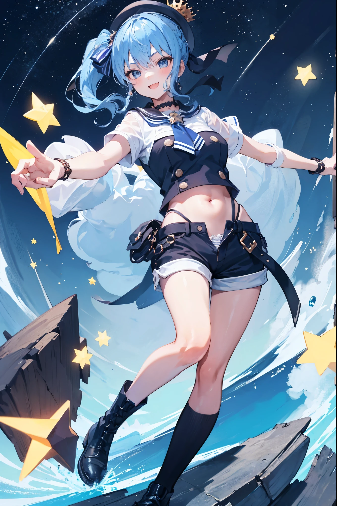 Night, Starry Sky, Moon, Vista, Beautifully Illustrated, Woods, Prairie, Blue-Dressed Magician Maiden with Camera Back, Sexy, Stockings, Standing, Stone, Prairie, Stones Floating in the Sky, Magician Hat, Smile, Giant Tower Surrounded by Cobra in the Distance, Blue Glowing Key Floating Next to the character