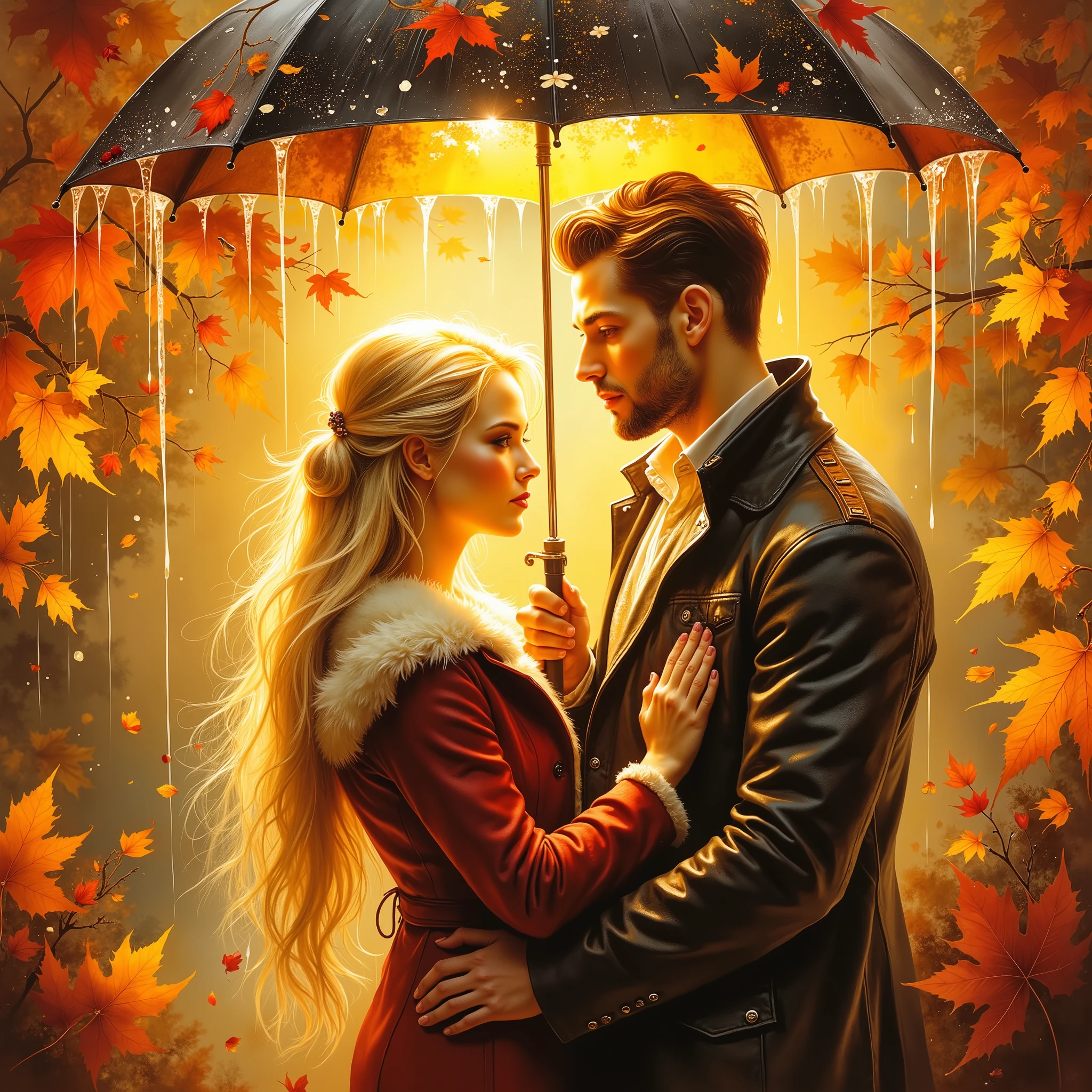 (((Ultraglossing blicks ULTRAVIBRANT COLORS  EXTREMALLY DETAILED ULTRAREALISTIC 3D RENDER 3DVOLUMEEMBOSSING IMPASTO HYPERULTRATEXTURED FOREGROUND: 1.4))) EMOTIONAL EXPRESSIVE  It's a beautiful rainy scene of autumn with leaves in vibrant yellow-ORANGE-RED-BURGUNDY-GOLD hues, and golden rain drops sparkling in bokeh light, a beautiful young couple, a long BLONDE 18 YEARS WOMAN (DRESSED IN AUTUMN COAT) and a fresh faced 30YEARS MUSCULAR BRUTAL MAN WITH SHORT BLACK HAIR (DRESSED IN LEATHER COAT), standing under an umbrella, without saying anything but sweet emotion seen in their shy embrace, how precious our first love, illuminating branches in warm sunlight, creating a peaceful and golden mood. Paint a dreamy hazy breezy wet on wet watercolour artwork, using minimal paints and maximum loose water effects, autumnal colour palette, melancholy composition, minimalist, impressionist, with no text. MODERN CASUAL AUTUMN CLOTH. FACE TO FACE. EYES TO EYES. PERFECT ANATOMY, PERFECT HANS, PERFECT FINGERS.
bokeh ethereal beautiful fantastic view Golden ratio dreamy nostalgic Atmospheric melancholy natural light Tran Nguyen rules of third Visual Poetry fog and smoke unfiltered creativity minimal paint and water effects beautiful Autumnal palette Dreamy Hazy Breezy  (((2D WATERCOLOR EXTREMALLY FOGGY FOGGY MOODY LIGHTPASTEL BACKGROUND: 1.2))) (((GOLD GLOSSING DETAILES JEWELLERY,SPARKLING TRANSPARENT STONES)))
