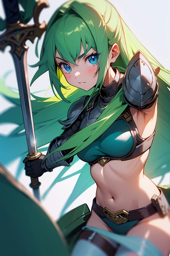 (masutepiece, Best Quality),shield, 1girl, weapon, solo, faux-figurine, holding-shield, long-hair, ???????, sword, green-hair, holding, navel, armor, holding-weapon, open-mouth, large-???????, grass, looking-at-viewer, full-body, holding-sword, belt, smile, thighhighs, cleavage, shoulder-armor, yellow-eyes, monster-girl, tail, standing, gauntlets, flower, midriff, standing-on-one-leg, bangs, scales, helmet, ????-shoulders pauldrons, blush, green-tail, ??????-armor, upper-teeth-only, pelvic-curtain, teeth, armored-boots, blue-thighhighs, very-long-hair, black-thighhighs, wavy-hair, knight
