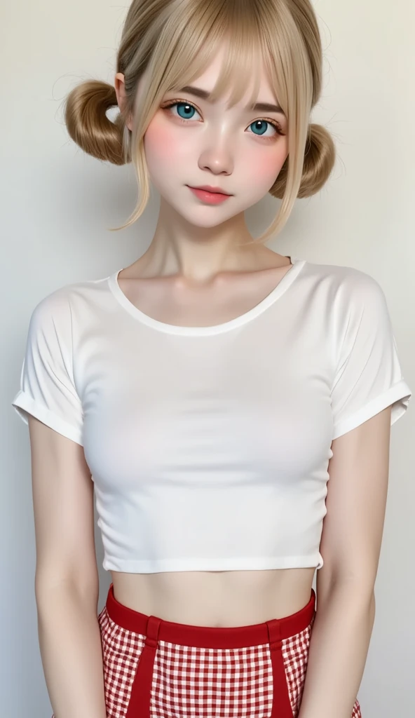    High image quality   、masterpiece、Realistic、    Perfect Anatomy  , Teenage Girl ，cute女の子、超cute、Where's the hair   、Very short，、zoom、cute、  Grey Eyes 、、   twin tails、Glasses、   white t-shirt、(     gingham check culotte skirt:1.37)， red stockings、 red garter belt、belly button，blank， black light