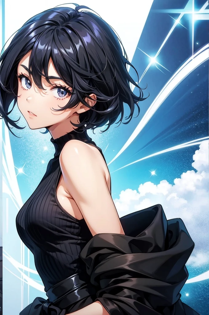 there is a picture of a male with female type hair like hair, solo, 1girl, black hair, looking at viewer, upper body, short hair, sleeveless, bare shoulders, from side