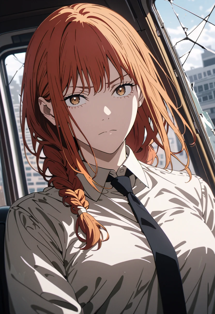 extremely detailed CG, high resolution, best quality, masterpiece. A representation of Makima from chainsaw man. She has red hair, braided hair and fringe. She has golden eyes. She has medium breasts. She is wearing a white long sleeve shirt, a black tie, and black pants. She is watching at the viewer with a serious expression. She is posing next to a broken window. 