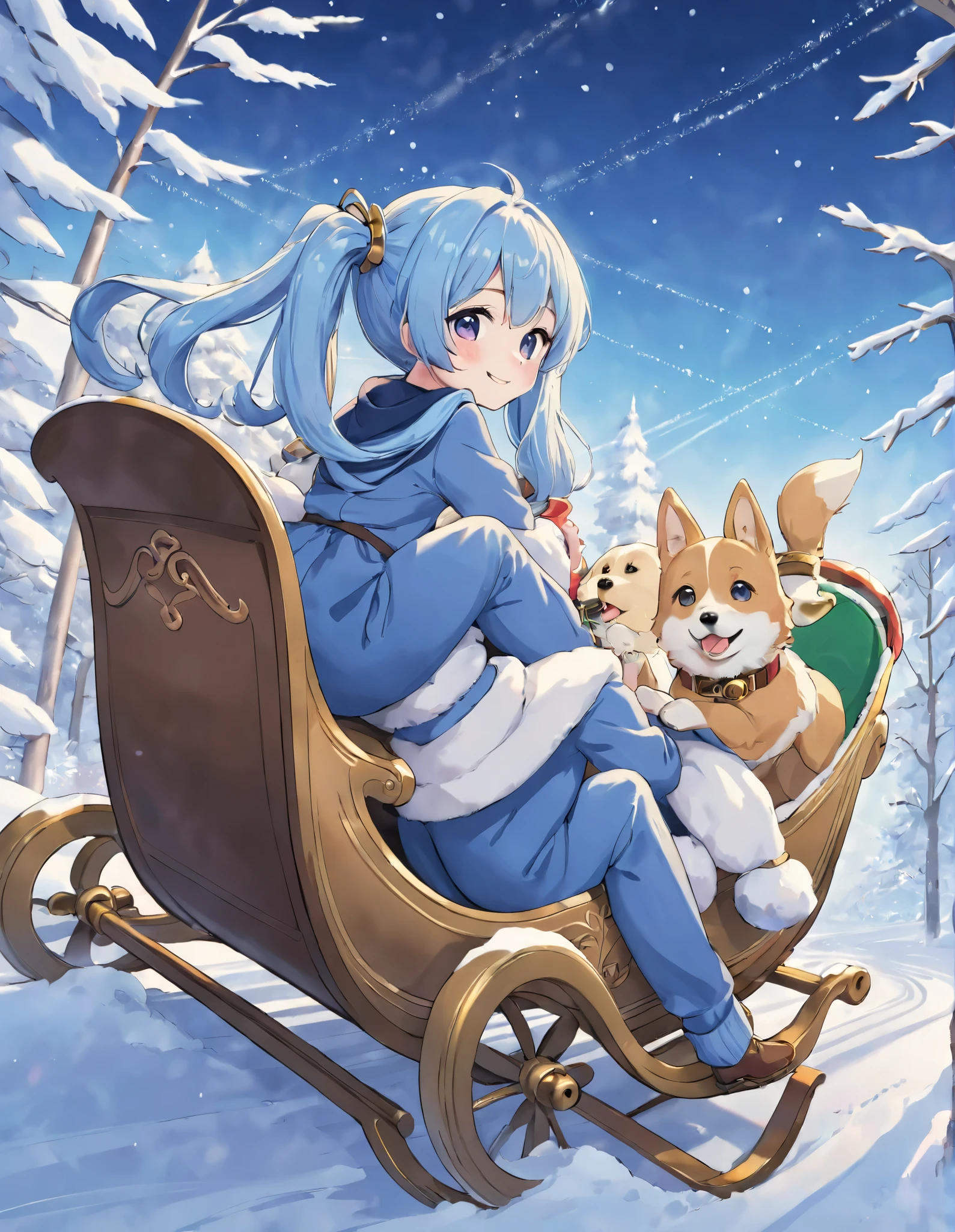 Anime girl sitting on a sleigh sliding in the snow, smile、 wearing a warm down 、 light blue long hair playing a handbell、 girl with twin tails 、 pet dog running with sleigh in warm down 、Anime aesthetics,,  Anime Art Wallpaper 8K、 beautiful anime artwork 