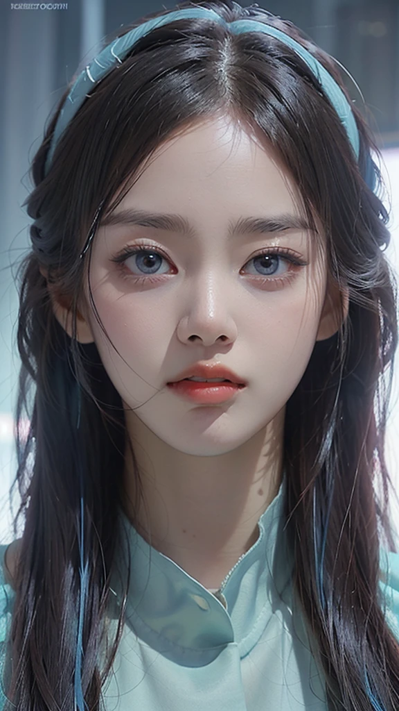 (masterpiece, highest quality, highest quality, Official Art, beautifully, aesthetic:1.2), Staring at the viewer, Portrait Photography, (Cyberpunk beautiful girl 1 person), Big iridescent eyes, Beautiful skin, (Pink and blue long hair with bangs), Very detailed, (Neon colored fractal art:1.3), Perfect lighting, Sharp focus, High resolution, High resolution, High color rendering, High resolution, Super realistic,