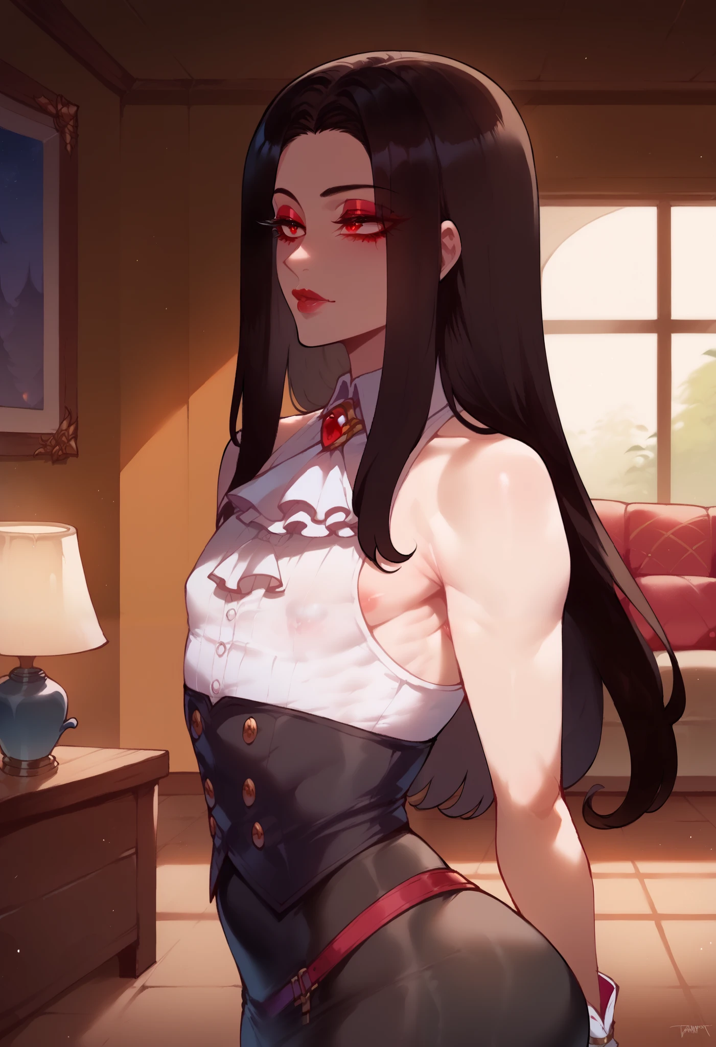 score_9, score_8_up, score_7_up, solo, 1boy, androgynous male, mature, highly detailed, detailed face, rustic house, living room, night, ggtestament, red eyes, eyeliner, puffy lips, ascot, bare shoulders, white sleeveless button up, long black skirt, gloves, black hair, from side, big ass, small breasts, Nyantcha Style, Expressiveh