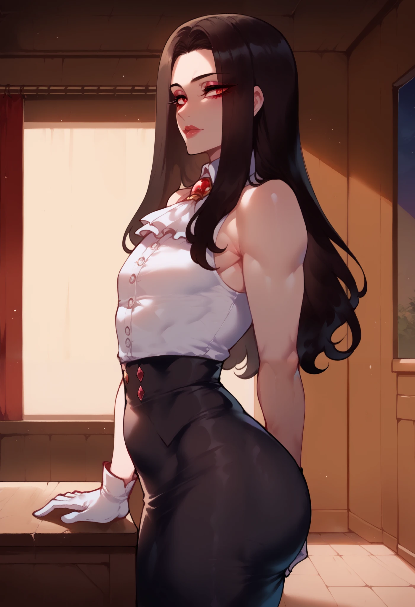 score_9, score_8_up, score_7_up, solo, 1boy, androgynous male, mature, highly detailed, detailed face, rustic house, living room, night, ggtestament, red eyes, eyeliner, puffy lips, ascot, bare shoulders, white sleeveless button up, long black skirt, gloves, black hair, from side, big ass, small breasts, Nyantcha Style, Expressiveh