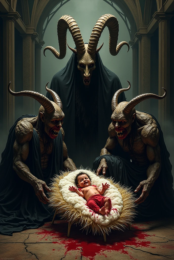 Satan & The kids! Satan sits on his throne in Hell with four adorable smiling, laughing toddlers on his lap. Satan is dressed in black Death Metal clothes, looking Evil and has a menacing mouth full of huge sharp teeth. He growls at the camera. The toddlers are too cute waving at the camera and the Devil, with giant smiles and lit up eyes like they are having the time of their lives. Realisticism, Realistic Cinematic Photography, Cinematic Characters, Realism+++Intricate+++hyperreality, attention to detail, masterpiece+++