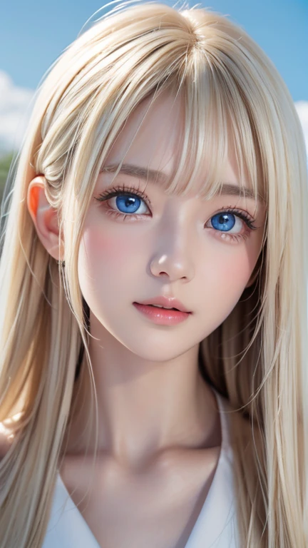 first time々 beautiful blonde girl with an innocent young face 、 portrait、 blue sky、Bright and beautiful face、若くてとても白いShine肌、Ultimate beauty、眩しい光を反射するとても美しいSuper longプラチナブロンドの髪、 beautiful natural platinum blonde 、Super long、Silky straight hair、 bangs that fall over the eyes、Bangs between the eyes、Very beautiful 、big、Shine、Clear、 ridiculously bright blue eyes、Very large eyes、 Girl、Round face、 Cheek Gloss Highlights 