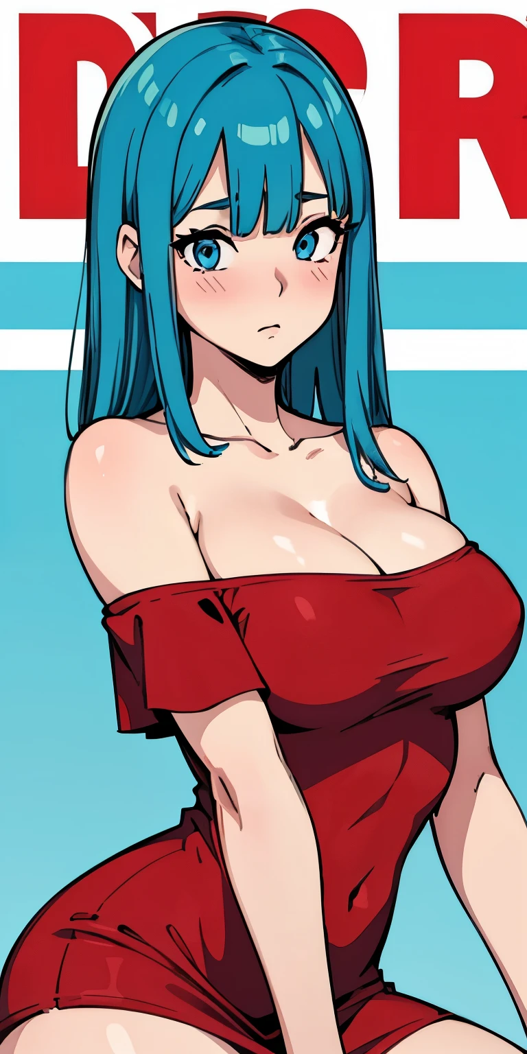 1 Female,High definition,high resolution,Ultra-realistic,8K, 1girl,maron,(red short dress), bare shoulder,(blue eyes,aqua hair,blunt bangs),off shoulder, large breasts,European,sexy,Upper body close-up,Photographed from the front,Dynamic Angles,(blush), (medium tits) 