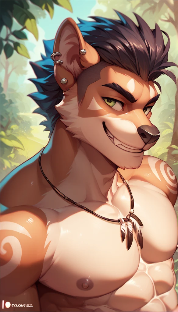 A puma,  in Mane ,  hairstyle using tribal accessories ,  piercing tribal , smile, smiling,  trees, tribal side , bottom,  abs on the body, youthful face,  half body shooting angle.