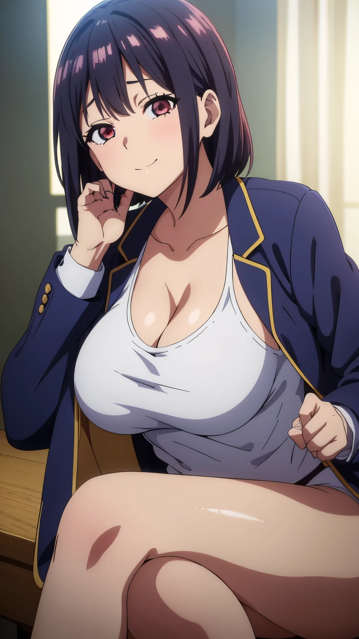 (((masterpiece))),fuyumi itadori, Anime girl characters, 1girl, solo, looking at viewer, medium hair long sleeves, cleavage, bigger breasts, closed mouth, collarbone, jacket, open clothes, open jacket, blue jacket, ground vehicle, sports bra, tall girl, horny, big ass, beautiful face,Charming,  anime visual of a cute girl, screenshot from the anime film, & her expression is solemn, ahegao face, in the anime film, in an anime, anime visual of a young woman, she has a cute expressive face, still from anime, perfect breasts, she is tall, All bodies visible, ahegao face, the face is ahegao, she is horny, A perverted face, she so perverted, she smile so perverted, hd picture, 4k quality, details of the face is so good,bigger breasts, ,change her face and make her face hd and pretty😍, make her face like nakano ichika , she is masturbating