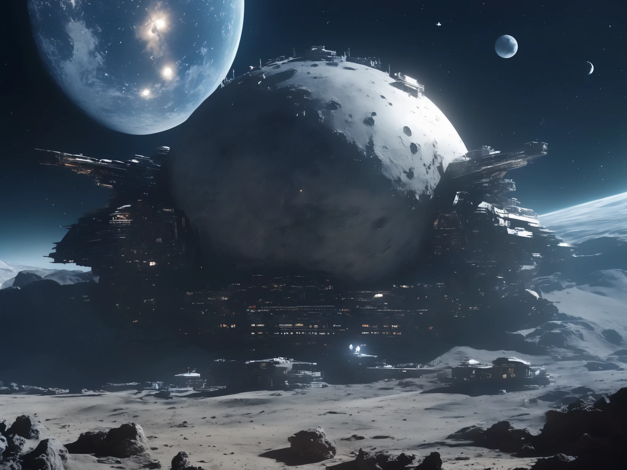 A very beautiful landscape of (moon-surface:1.3). on the moon (military base:1.5)\(beautiful,(magnificent:1.3),Beautiful architecture,runway\(many combat spacecraft\(maneuvered \)\). marshaller\(in a combat suit\) guiding spaceship takeoff.The last line of defense\). (Science fiction:1.3). Preparing for battle with huge space monsters. Sparks of battle are flying in the sky,earth.Beautiful.longshot.(realistic:1.3) movie scene. BREAK .quality\(8k,wallpaper of extremely detailed CG unit, high resolution, top-quality, top-quality real texture skin, hyper realistic, increase the resolution, RAW photos, best quality, highly detailed, the wallpaper, golden ratio, high saturation realism, vibrant colors, dramatic lighting, persuasive storytelling, atmospheric scenery, captivating visuals, intricate details, strong emotions, dreamlike world\)