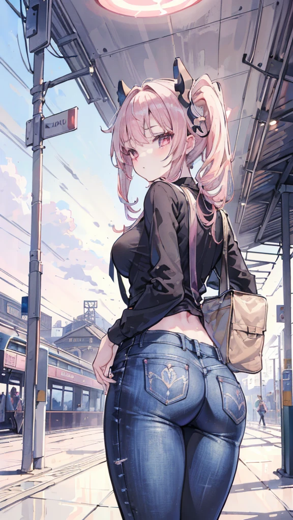 (masterpiece), ( best quality), ( high resolution),  detailed, (Intricate details 1.2), (Hyper  detailed 1.4), (Gorgeous digital art 1.2),  Ridiculous Results , 1 Girl,  small breasts, butt, Hair accessories,  unique ,  pink hair, ( Black Shirt :1.3), jeans, (TRAIN STATION:1.2) running, thigh, shortstack, 