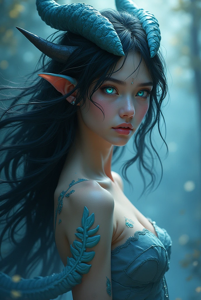 Fine, (Best Illustration), 8k Resolution, Intricate Details, Best Quality, Realistic, Ultra Detailed, Best Lighting, Best Shadows, Ultra HD, ((((Handsome Young girl))), ((age :1.5)), (glowing blue eyes), (glowing eyes), ((((long black hair: 1.1))), ((dark green clothes)), (princesse (indifferent expression), , (((nude))),(((vagina))), starry night sky, falling meteors, elf ears, ((fair skin)), with dragon horns on forehead, surrounded by giant dragons