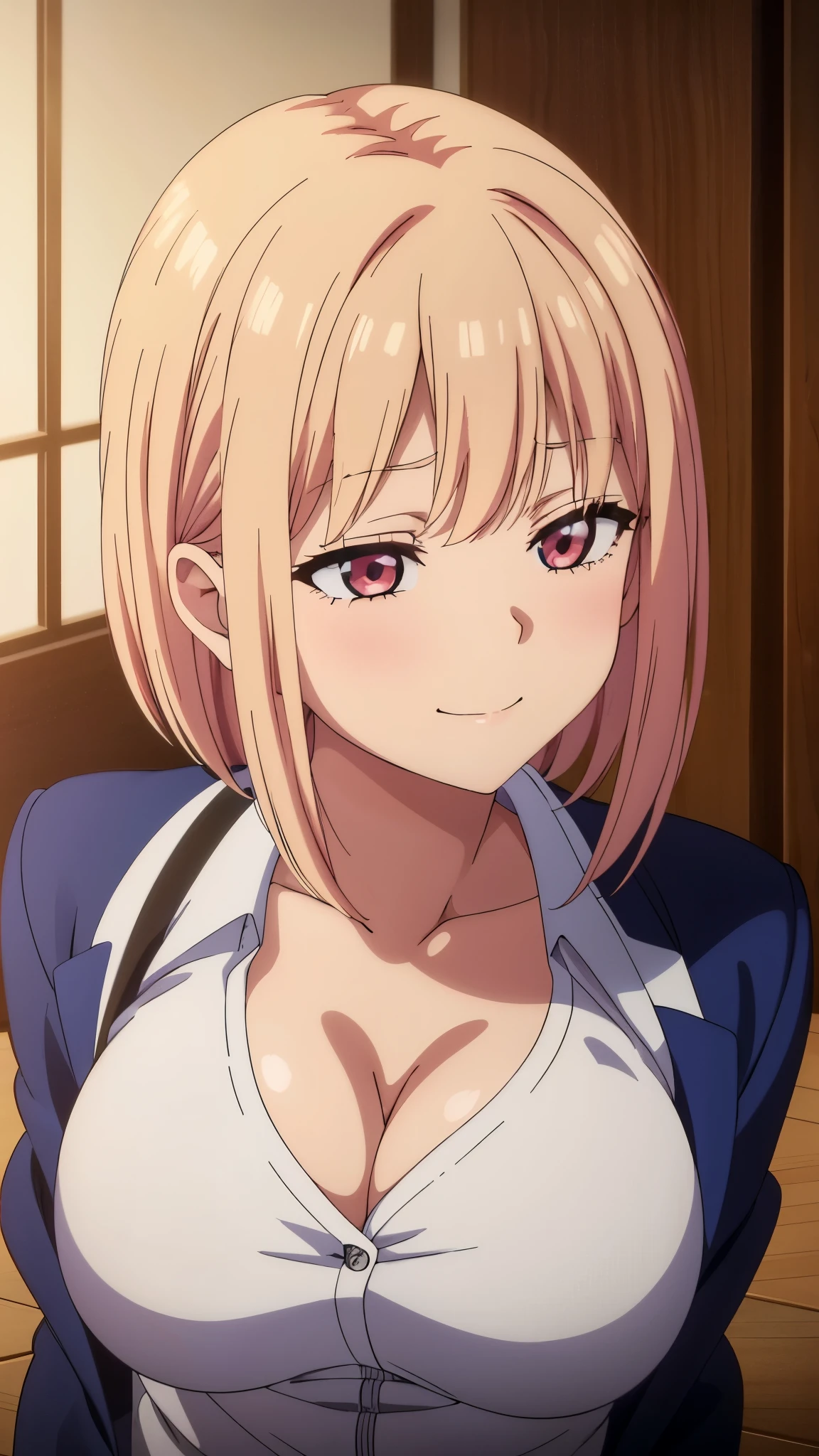 (((masterpiece))),fuyumi itadori, Anime girl characters, 1girl, solo, looking at viewer, medium hair long sleeves, cleavage, bigger breasts, closed mouth, collarbone, jacket, open clothes, open jacket, blue jacket, ground vehicle, sports bra, tall girl, horny, big ass, beautiful face,Charming,  anime visual of a cute girl, screenshot from the anime film, & her expression is solemn, ahegao face, in the anime film, in an anime, anime visual of a young woman, she has a cute expressive face, still from anime, perfect breasts, she is tall, All bodies visible, ahegao face, the face is ahegao, she is horny, A perverted face, she so perverted, she smile so perverted, hd picture, 4k quality, details of the face is so good,bigger breasts, ,change her face and make her face hd and pretty😍, make her face like nakano ichika , she is masturbating