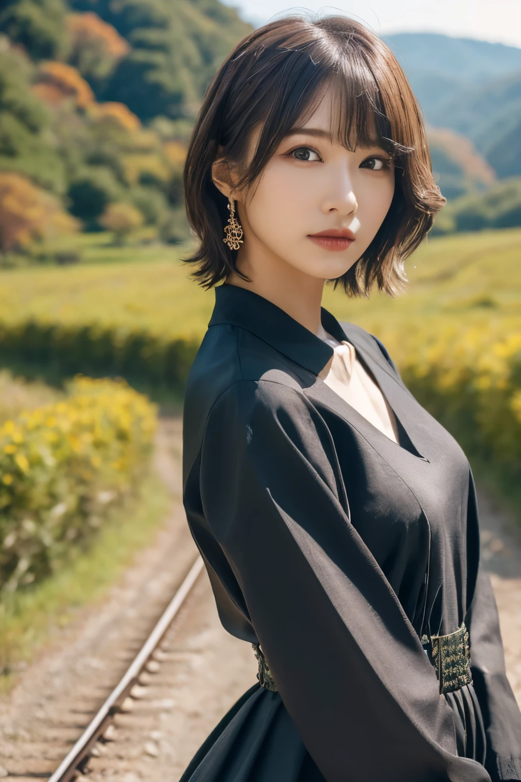 1 girl, A very beautiful portrait of a Japanese singer, ( Red Dress ), ( gothic makeup ),
(RAW Photo Best Quality), (Realistic, Realistic:1.4), (masterpiece),
Very detailed, 2k wallpaper, wonderful, finely, Very detailed, CG Unity 8k Wallpaper , Very detailed, high definition , Soft light,
Beautiful Girl Carefully Drawn in Every Detail , Very detailedな目と顔, Beautiful and Elegant Nose , beautiful beautiful eyes, Film Lighting ,
(Bromide photography ), (short hair), ( The girl is standing on an abandoned railway line in a rough mountainous area:1.2), ( covered with weeds and rusted railroad tracks ), (An unmanned home with no roof and weeds growing ), (Decayed sleeper ), (autumn leaves),
perfect anatomy , 細身の体, smaller breasts, Thin legs, whole body, I am so lonely