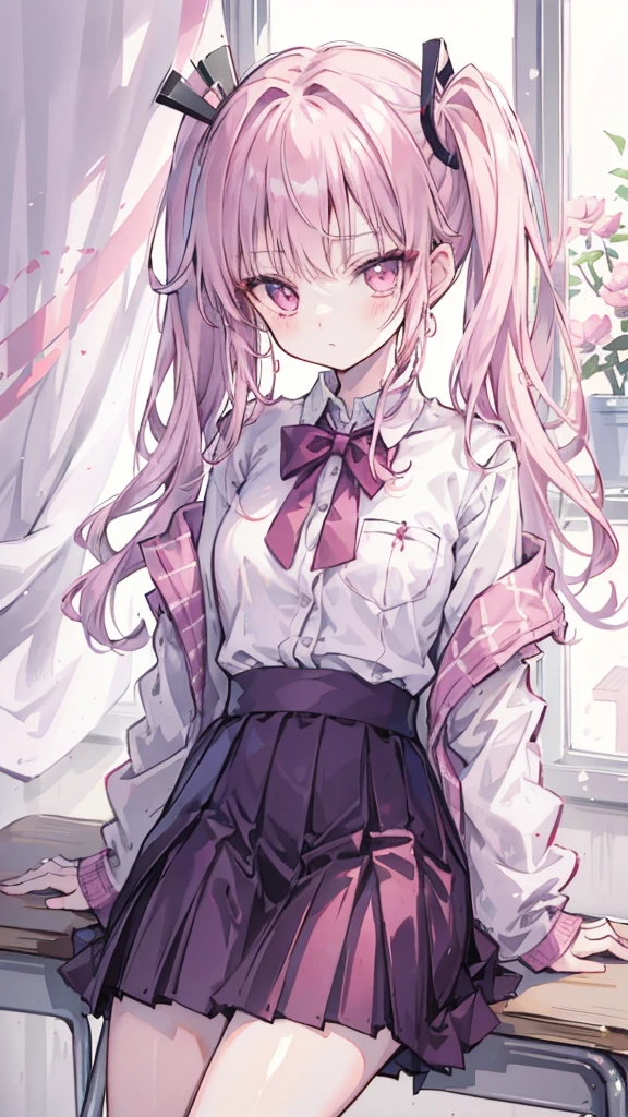 Kyoko DG, 1 Girl, tie,  unique , jacket, shirt,  View Audience, Long sleeve, white shirt, collared shirt,  sitting in a chair , classroom, Pink blood,