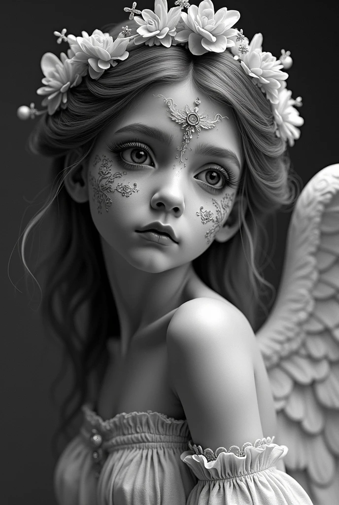 ultra realistic photography, RAW photograph, 1child, gorgeous 9years aged child in a dark background, Ropa angelical, Cara preciosa, ojos normales, caricatura, Cara detallada