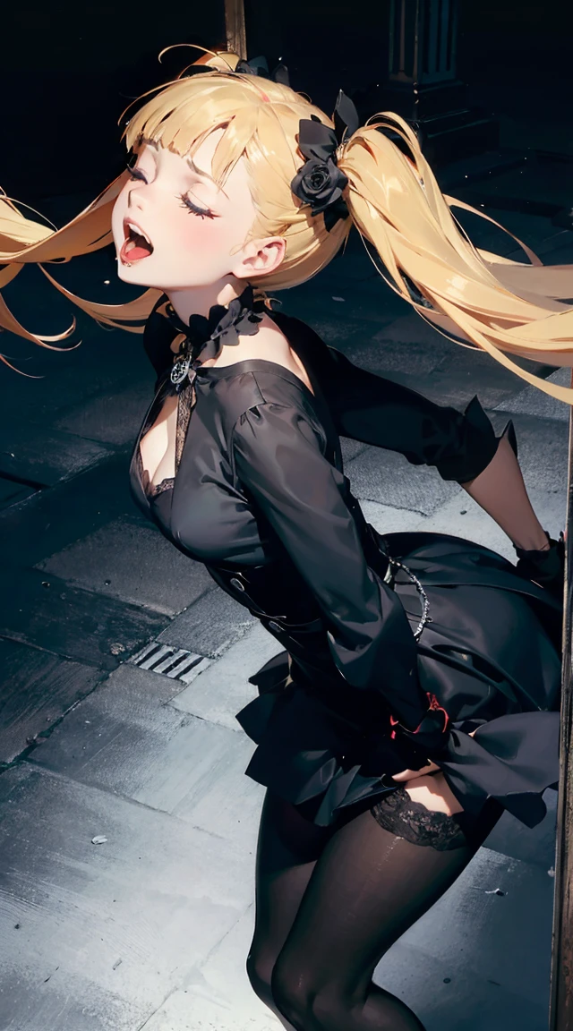 ((masterpiece)),((best quality)),((official art,extremely detailed CG unity 8k wallpaper)),((huge_filesize)),game_cg,((solo)),(((abigail williams))),blue eyes,kawaii,(((blush))),sad,((tears)),hat,((black dress)),(((white pantyhose))), (((mary_janes))), (((arms_behind_back))),((rope)),((bondage)),((shibari)),((mouthmask)),