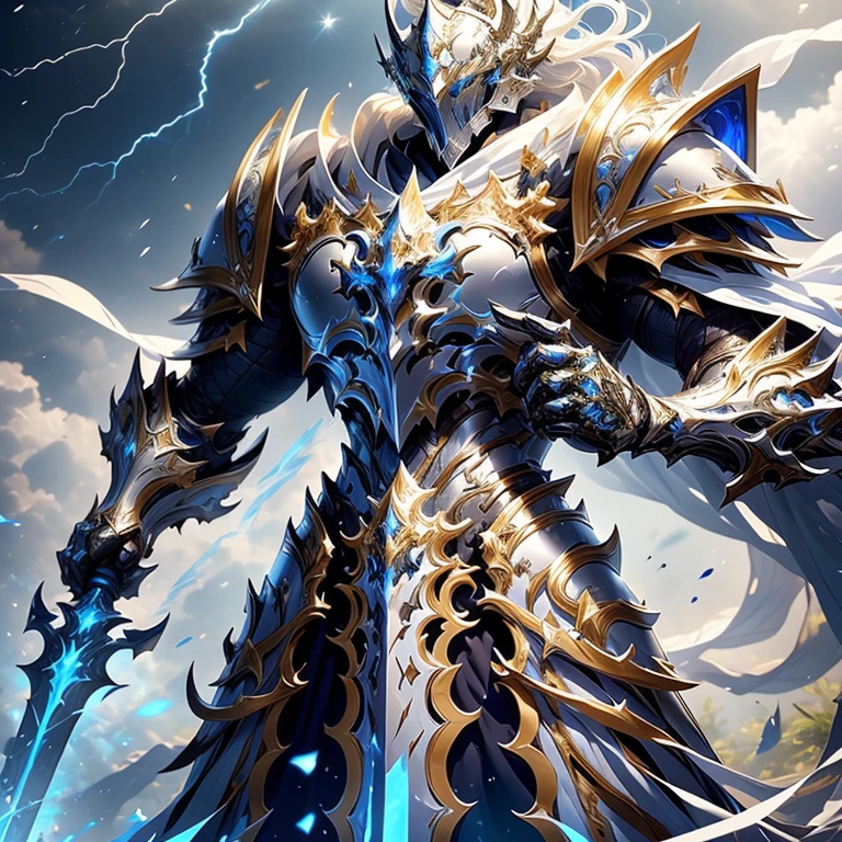 (1 knight) full body Male dragon paladin wearing a white leather armor under a shiny white intricate elaborated baroque plate chest armor with gold lightnings accents, White medieval helmet with gold lightning accents, long white cape with gold lightnings ornaments, holding a great white lightning greatsword, detailed fantasy armor white lightning, white storm background, blue lightnings, cloudy background