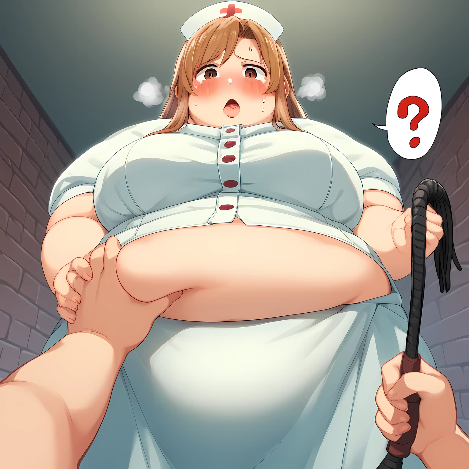 The background is a dark basement made of bricks 、Two women in their 20s with big breasts 、 Brown Eyes  、Yakumo Beni,  Let me wear clothes nurse clothes、holding a long whip in their hands ,  床に鞭を置け composition showing the floor from the ceiling 、cute anime style picture,   tongue,  rough breathing,  condescending face、 Panchira bulging belly, fat, chubby, obese, open mouth, out of breath, absurdres, highres icon, rating:General, confused, blush, spoken question mark, {flustered}, nervous sweating, portrait, pov hands, hand on another's belly, averting eyes, [looking away], straight-on, from below, swollen face, masterpiece, best quality, ultra-detailed, high resolution, 8K, absurdres, highres icon,