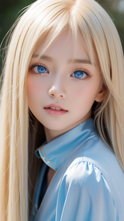 first time々 beautiful blonde girl with an innocent young face 、 portrait、 blue sky、Bright and beautiful face、若くてとても白いShine肌、Ultimate beauty、眩しい光を反射するとても美しいSuper longプラチナブロンドの髪、 beautiful natural platinum blonde 、Super long、Silky straight hair、 bangs that fall over the eyes、Bangs between the eyes、Very beautiful 、big、Shine、Clear、 ridiculously bright blue eyes、Very large eyes、 Girl、Round face、 Cheek Gloss Highlights 