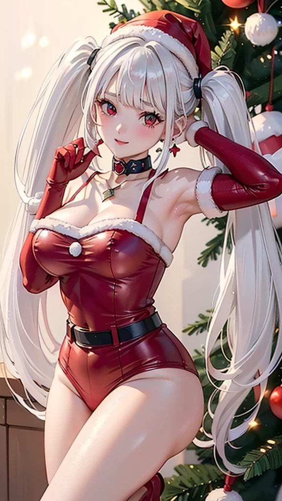 (((masterpiece, ultra high definition, super high quality, 8K quality))), (((single woman))), (((white hair))), (((Twin tails hair:1.2))), (((deep clear red eyes))), (((shining eyes, highlight on eyes))), ((blunt bangs)), pink lips, (((beautiful and well-balanced proportions))), sexy expression, ((highly detailed)), ((perfectly detailed face)), ((detailed and carefully drawn hands)), (((very large and ample breasts))), cute smile, ((Red Santa costume, red high-leg bodysuit, Santa hat)), photorealistic image, (((photo from the waist up))), large earrings, necklace, bangle, ring, ((The background is a Christmas tree))
