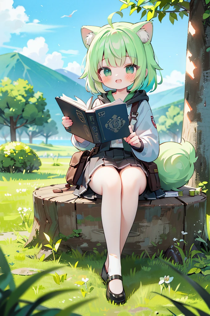 (illustration: 1.0), masterpiece, best quality, 1 girl, solo, camping, happy, smile, nature, trees, tent, camping_chair, camping, fire, roasting_marshmallows, hot coffee, book, map, backpack, picnic_blanket, flower, butterfly, sunny_day, , hiking_boots, denim_shorts, jacket, (perspective: 1.3), From below, (looking away: 1.2), (from the side: 1.0), long_hair, breasts, smile, bangs, (orange hair: 1.1), hair_ornament, side_ponytail, swept_bangs, thick_eyebrows, hair_bobbles, skin_fang, shut up, green eyes, (light rain hazy feeling: 1.3), (light rain: 1.2), gray sky, extreme detail, ultra-high resolution, (gray color cast: 1.5), intricate, (artistic bacteria: 1.2), (high contrast: 1.2), (colorful), (very detailed and beautiful: 1.3), (cute: 1.3), large round eyes, (detailed ultra-oily shiny skin: 1.2), (detailed hands and fingers: 0.9), (rain on the body light effect: 1.5)