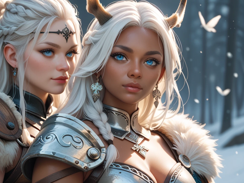 White a blond girl in white armor, an african woman with a sword, female warriors fighting, intricate detailed armor, detailed facial features, dynamic action poses, chiaroscuro lighting, rich saturated colors, fantasy medieval setting, cinematic dramatic composition